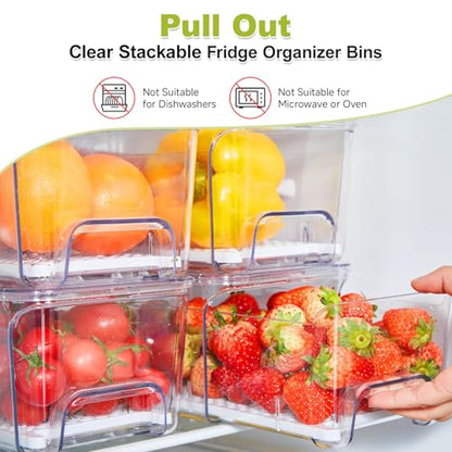 4-Pack Refrigerator Drawer Organizer Bins, Clear Stackable Pull Out Fridge Organizers and Storage Container, with Strainer Layer for Fruits, Vegetables, Drinks, Snack and Food