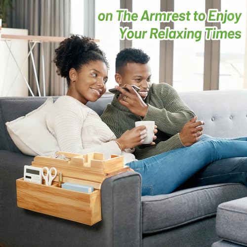Bamboo Couch Arm Tray Sofa Armrest Tray Cup Holder,2-in-1 Couch Armrest Tray with Slide Detachable Tray,Couch Caddy,Slip Foldable Sofa Table,Phone Stand,Book Holder (Bamboo)