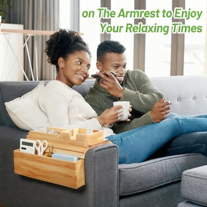 Bamboo Couch Arm Tray Sofa Armrest Tray Cup Holder,2-in-1 Couch Armrest Tray with Slide Detachable Tray,Couch Caddy,Slip Foldable Sofa Table,Phone Stand,Book Holder (Bamboo)