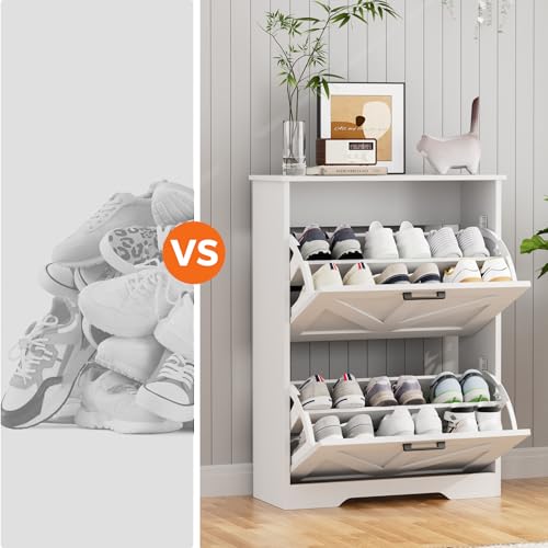 Farmhouse Shoe Cabinet for Entryway, 2 Barn-Style Flip Drawers | Narrow Shoe Storage Organizer, Top Display Shelf, Adjustable Shelves, Shoe Rack, for Hallway Closet, 24" Wide, White
