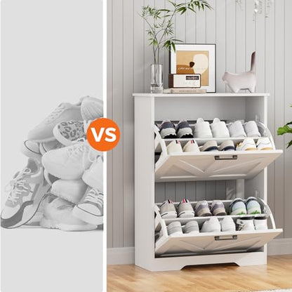 Farmhouse Shoe Cabinet for Entryway, 2 Barn-Style Flip Drawers | Narrow Shoe Storage Organizer, Top Display Shelf, Adjustable Shelves, Shoe Rack, for Hallway Closet, 24" Wide, White