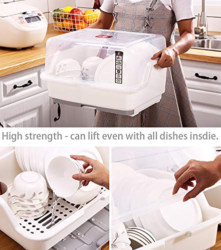 Tomorotec Medium Size Dish Drying Rack & Drain Board with Lid Cover, White | Kitchen Counter Drainer with Dust-Proof Clear Cover, Detachable Design with Utensil Holder, Plate Cup Tray Cutlery Drainer