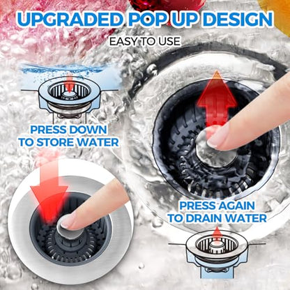 3 in 1 Kitchen Sink Drain Strainer Stopper Removable Basket Pop-Up | Kitchen Sink Accessories 2 Pack Silver Stainless - Food Catcher, Odor-Blocking Seal, Fits 3.5" Drain, Easy Clean