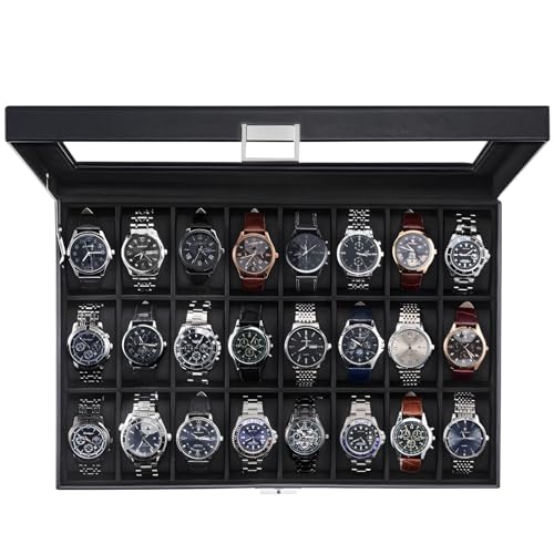 Watch Box for Men, 24 Slot Display Case with Real... (24 Count | AllBlack | Faux Leather)