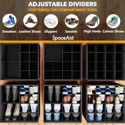 SpaceAid Shoe Organizer for Closet, 2 Pack Foldable Shoe Storage Containers Baskets Boxes Bins w/Adjustable Dividers, Fits 16-32 Pairs, Black