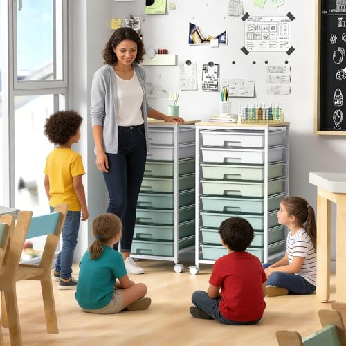 Rolling Cart with Drawers,Craft Organizers and Storage, Green | Rolling Storage Cart with 8 Drawers and Wooden Tabletop for Living Room,Office,Classroom,Craft Room,Bedroom,Dorm