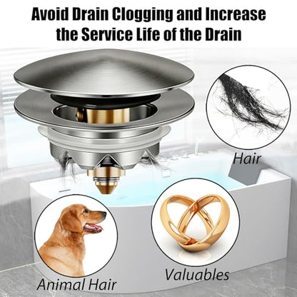 Anlige Bathtub Drain Stopper, Pop Up Tub Stopper and Cover, Bottom with Hair Catcher, Universal for 1.45 in to 1.8 in Drain, Replaces Old Drain Plug, Brushed Nickel