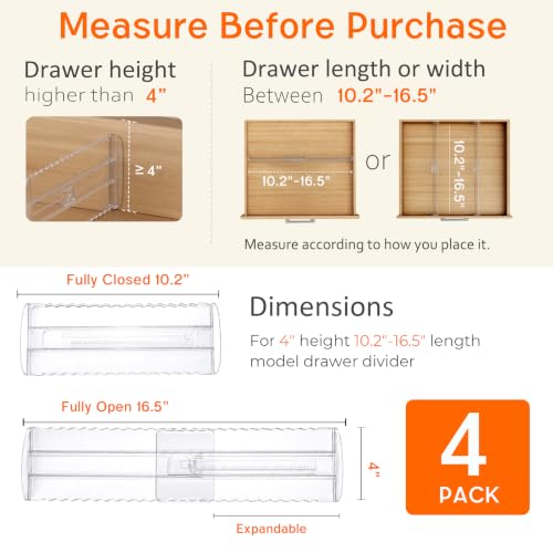4 Pack 4" High Drawer Dividers for Clothes, 10.2"-16.5" Expandable Dresser Drawer Organizers, Adjustable Plastic Clear Drawer Separators for Kitchen, Baby Clothing, Socks, Underwear, Bedroom