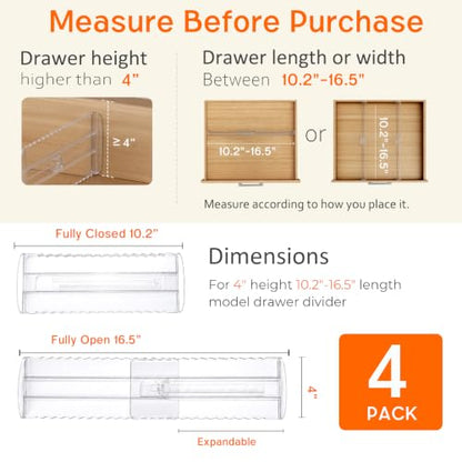 4 Pack 4" High Drawer Dividers for Clothes, 10.2"-16.5" Expandable Dresser Drawer Organizers, Adjustable Plastic Clear Drawer Separators for Kitchen, Baby Clothing, Socks, Underwear, Bedroom