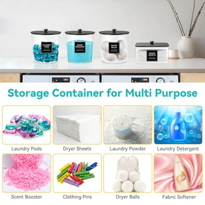 Laundry Pods Container & Dryer Sheet Holder, Laundry Room Organization and Storage Jars with Lids, Labels & Scoops for Powder Detergent Scent Booster, Black Lid