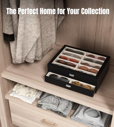 NEWLOOP Sunglass Drawer Storage Display Box for Multiple Pairs of Eyeglass | PVC Top Storage Box Women Men Jewelry Holder Leather Eyeglass Stand Eyewear Collection Case 2 Layer with 20 Slots Black