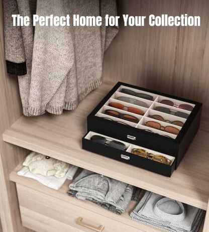 NEWLOOP Sunglass Drawer Storage Display Box for Multiple Pairs of Eyeglass | PVC Top Storage Box Women Men Jewelry Holder Leather Eyeglass Stand Eyewear Collection Case 2 Layer with 20 Slots Black