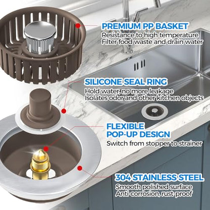 3 in 1 Kitchen Sink Drain Strainer Stopper Removable Basket Pop-Up | Kitchen Sink Accessories 1 Pack Brown Stainless - Food Catcher, Odor-Blocking Seal, Fits 3.5" Drain, Easy Clean