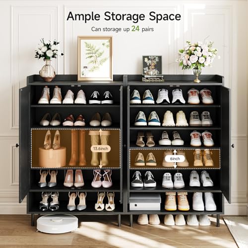Black 7+1 Tier Farmhouse Shoe Storage Cabinet - 45" Tall Entryway Organizer with Cross Molding Doors, 3 Adjustable Shelves & Metal Legs, Shoe Rack for Front Door Entrance