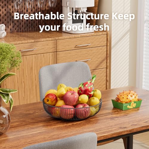 Simple Trending Round Metal Fruit Basket Bowl for Kitchen Counter - Rust-Proof, Non-Slip & Breathable Wire Organizer for Fruits, Veggies, Snacks, Black (11“ Diameter x 3.2” H)