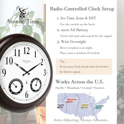 20" Large Outdoor Atomic Wall Clock,Oil Rubbed Bronze | Auto DST Adjust, IP65 Waterproof, Built In Thermometer & Hygrometer, Accurate & Easy to Read for Patio,Pool & Garden