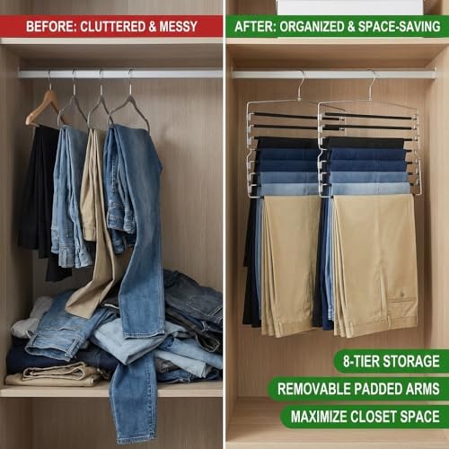 USTECH 8 Tier Hangers for Pants (Set of 2) | Multi Tier Swing Hanger with Foam Padding & Removable Arm | Pant Hangers Space Saving | Bottom Hangers | Tiered Pants Hangers