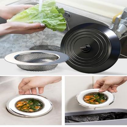 Seatery 4PCS Kitchen Sink Strainer Stopper Kit, Universal Silicone Sink Drain Plug Cover, Drain Water Stopper, 4.5 Inch Stainless Steel Sink Drain Strainer, Food Debris Catcher for Kitchen