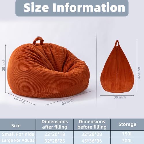ZhenLives Stuffed Animal Storage Bean Bag Chair Cover, Cover Only (No Filler), Corduroy Toy Organizer Floor Cushion Seat, 48 in/120 cm Slipcover for Teens & Adults,Green