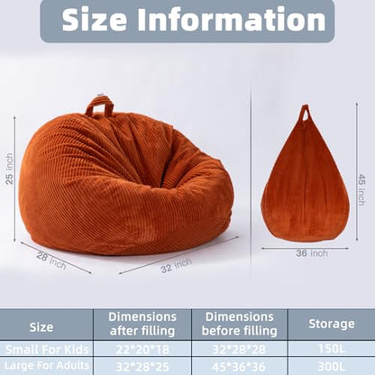 ZhenLives Stuffed Animal Storage Bean Bag Chair Cover, Cover Only (No Filler), Corduroy Toy Organizer Floor Cushion Seat, 48 in/120 cm Slipcover for Teens & Adults,Green