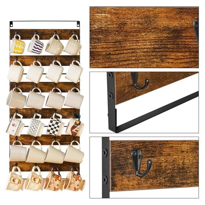 IBUYKE Coffee Mug Holder Wall Mounted,Set of 3,24 Hooks,Brown TBJ005H-3 | Mug Racks for Wall Rustic Wood Coffee Mug Rack Display Organizer for Kitchen Home Bar Coffee Station