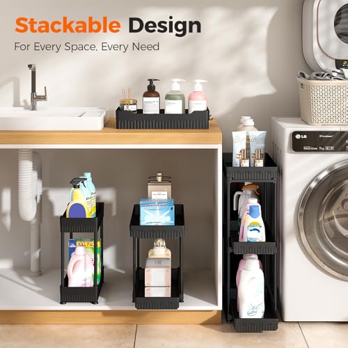 3-Pack 2-Tier Under Sink Organizers with Sliding Drawers | Multi-use kitchen & bathroom storage, 14.8 inch 2-Tier Sliding cabinet organizer, space-saving sliding drawer design.