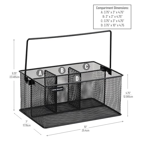Mind Reader Multi-purpose Storage Caddy with Handle, Desktop Organizer, Cutlery Holder, 4 Compartments, Metal Mesh, Black