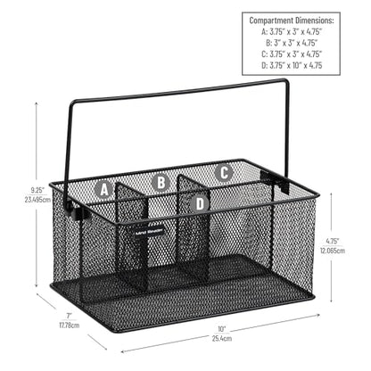 Mind Reader Multi-purpose Storage Caddy with Handle, Desktop Organizer, Cutlery Holder, 4 Compartments, Metal Mesh, Black