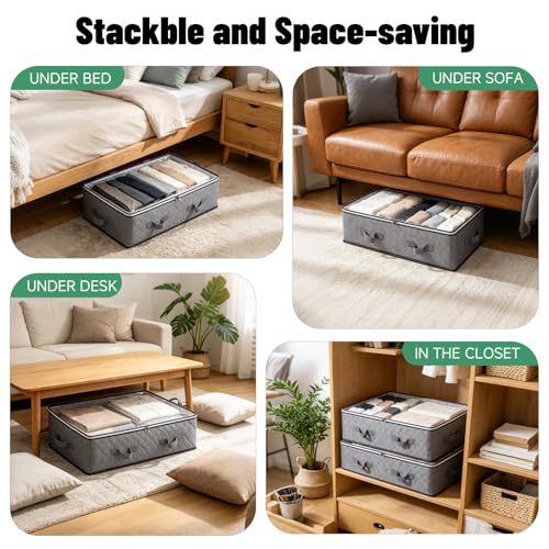 6 Pack Under Bed Storage Containers with Transparent Clear Window | Underbed Storage Bins with Reinforced Handles, Dual-Zipper for Clothes, Comforters, Blankets and Bedding, Gray