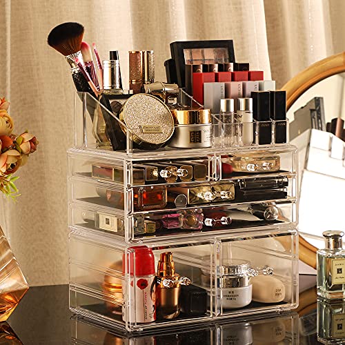 Cq acrylic 3 Pack Clear Makeup Storage Organizer,Stackable 6 Drawers Make Up Organizers,Cute Desk Organizer for Vanity Jewelry,Hair Clip,Beauty,Skincare Product Bathroom Counter Organizers and Storage