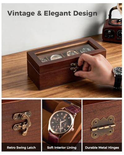 ProCase 4 Slot Wooden Watch Display Case With Glass Lid, Organizer | Elegant Wooden Watch Box With Glass Lid And Soft Lining For Men And Women, Ideal For Home Display And Birthday Gifts - Brown