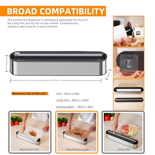 Aluminum Foil & Plastic Wrap Dispenser with Cutter - Magnetic & No-Drill Wall Mount, Stainless Steel Design, Space-Saving Kitchen organizer for Countertops & Cabinets - Fits 12" Rolls, Silver