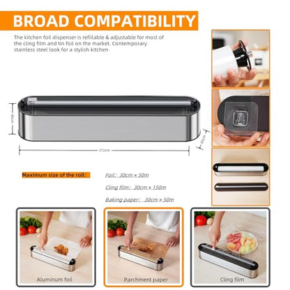 Aluminum Foil & Plastic Wrap Dispenser with Cutter - Magnetic & No-Drill Wall Mount, Stainless Steel Design, Space-Saving Kitchen organizer for Countertops & Cabinets - Fits 12" Rolls, Silver