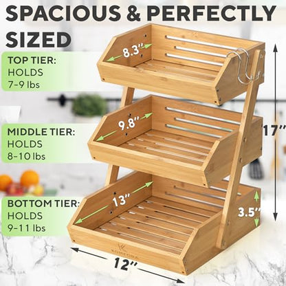 Bamboo Fruit Basket 3-Tier - Premium Produce Basket for Kitchen w/ 2 Hangers - Durable & Easy to Assemble Stand for Countertop - Perfect Holder for Vegetables, Bread, Snacks & More