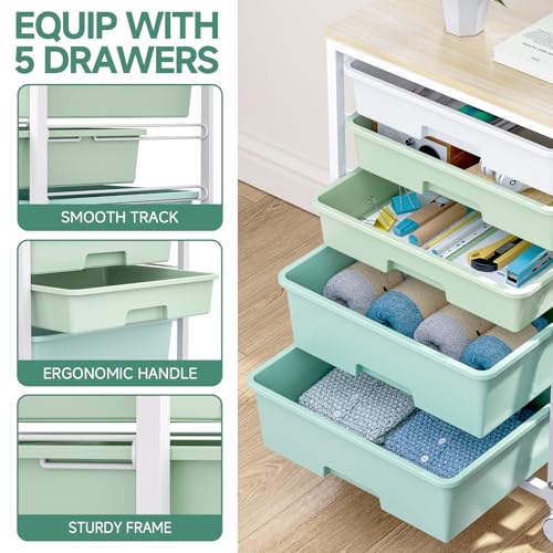 Rolling Cart with Drawers,5 Drawers Storage Cart,Light Green | 5-Tiers Utility Cart with Drawers with Lockable Wheels for Craft Organizers and Storage,Home Office,Classroom,Dorm,Playroom
