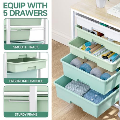 Rolling Cart with Drawers,5 Drawers Storage Cart,Light Green | 5-Tiers Utility Cart with Drawers with Lockable Wheels for Craft Organizers and Storage,Home Office,Classroom,Dorm,Playroom