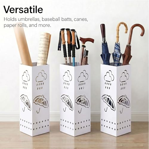 BEWBBAT Metal Umbrella Stand for Entryway, 6 x 6 x 17 Inch White Square Umbrella Organizer Bin, Free Standing Umbrella Holder,Walking Sticks, Home Office Decor