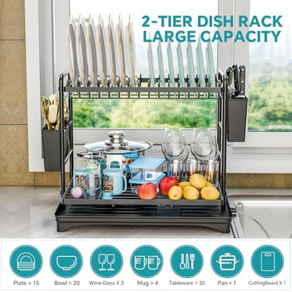 Simple Trending Dish Rack, Dish Drying Rack 2 Tier, Stainless Steel Dish Drainers with Utensil Holder and Drainboard for Kitchen Sink Organizers, 12" w x 16.6" L, Black