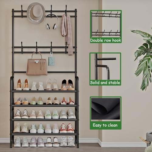 Coat Rack Shoe Rack With Storage Hooks Standing Organizer 4 Tier | Metal Freestanding Hall Tree for Clothes Hats bag Scarves Space Saving Design for Entryway Bedroom living Closet Office,Black