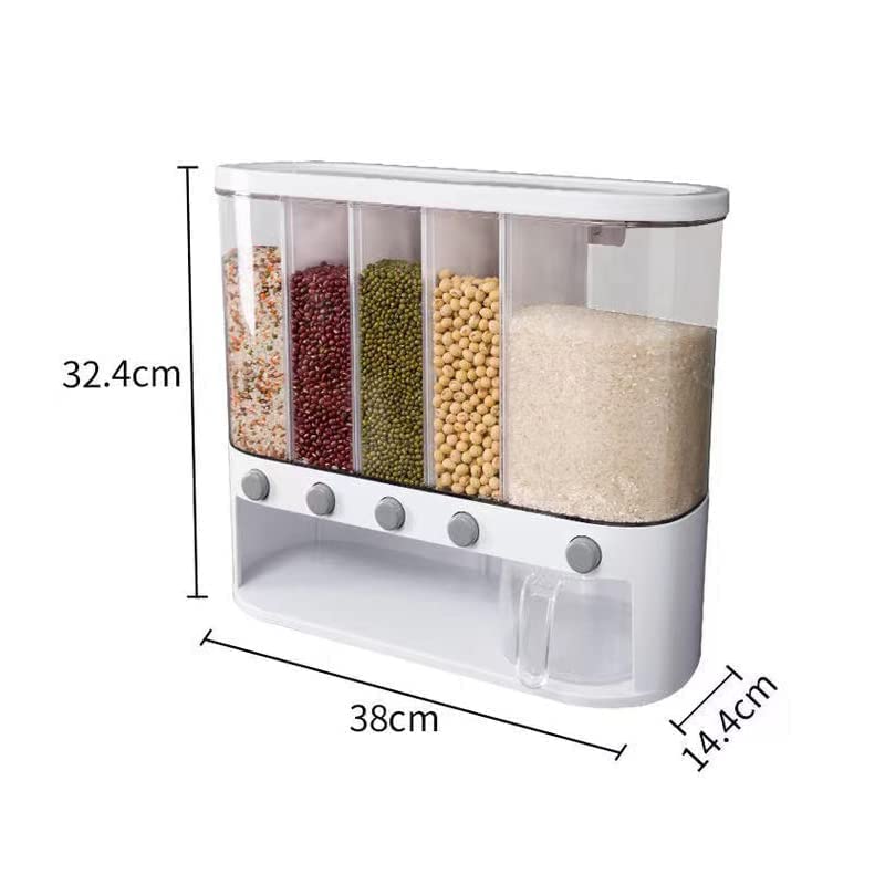 Dry Food Dispenser,Wall mounted 5 Grid Cereal Dispenser,Rice dispenser 25 pounds Kitchen Storage with Measuring Cup
