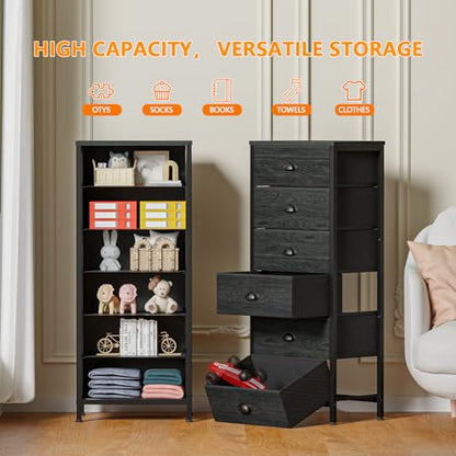 Black Dresser for Bedroom, Tall Fabric Chest of Drawers | Bedroom Dresser with 6 Fabric Bins, Vertical Storage Drawer for Dorm, Organizer in Closet, Living Room, Wood Top, Metal Frame
