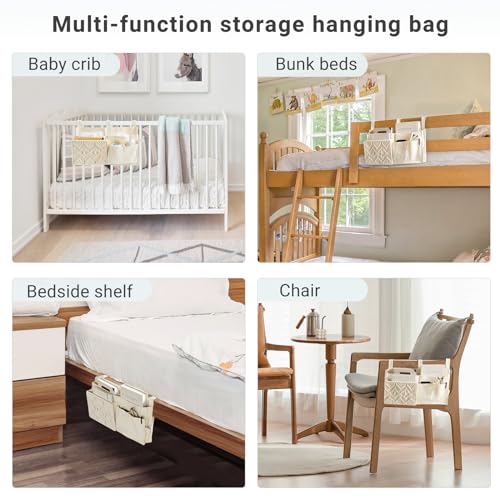 Mkono Bedside Caddy, Macrame Bunk Bed Hanging Organizer, 7 Pockets Ivory | Dorm Room Essentials, Boho Storage Bag, Remote Books Magazines Phone Snacks Drinks Holder, Bedroom Nursery Loft Baby Bed Rail