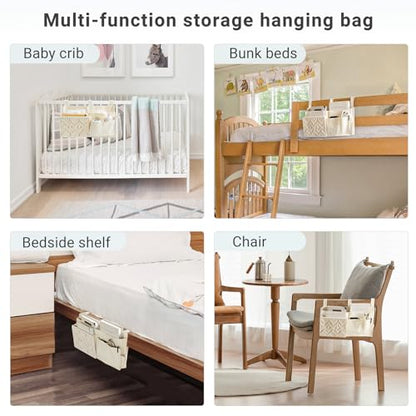 Mkono Bedside Caddy, Macrame Bunk Bed Hanging Organizer, 7 Pockets Ivory | Dorm Room Essentials, Boho Storage Bag, Remote Books Magazines Phone Snacks Drinks Holder, Bedroom Nursery Loft Baby Bed Rail