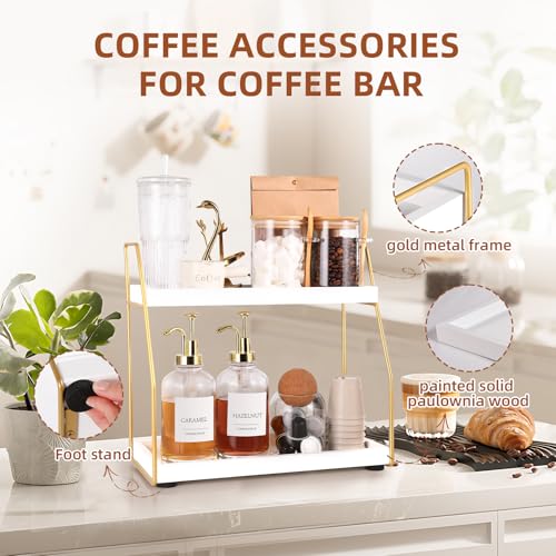 DWTS Coffee Bar Accessories,Coffee Station Organizer with Multi-Functional,CoffeeBar Decor for Accessories,2 Tier Wooden Shelf Gold Metal Station Organizer for Countertop,Syrup