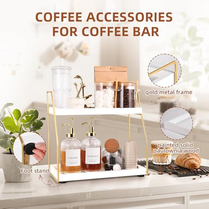 DWTS Coffee Bar Accessories,Coffee Station Organizer with Multi-Functional,CoffeeBar Decor for Accessories,2 Tier Wooden Shelf Gold Metal Station Organizer for Countertop,Syrup