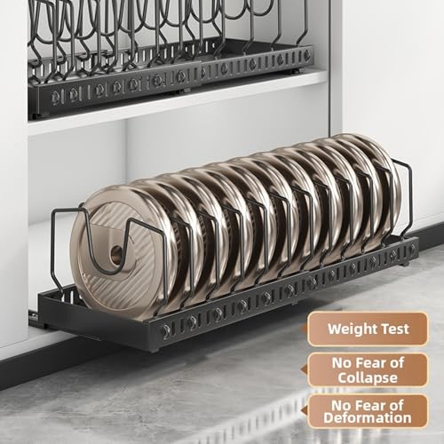 pots and pans organizer under cabinet,pot lid organizers inside cabinet holders for kitchen,Horizontal and vertical pulling modes,cast iron storage (Black Vertical pull-out)