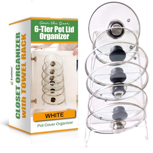 Evelots 6-Slot Pot Lid Organizer, Cabinet Door or Wall Rack, White, 1-Pack | Six slots organize glass and metal pot or pan lids; mount on a cabinet door or pantry wall to maximize kitchen storage.