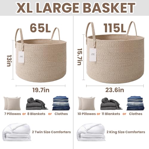 65L Extra Large Machine Washable Cotton Rope Blanket Basket | Collapsible Laundry Hamper, Reinforced Handles, For Blankets, Pillows, Toys and Clothes, Living Room and Bedroom, Oatmeal