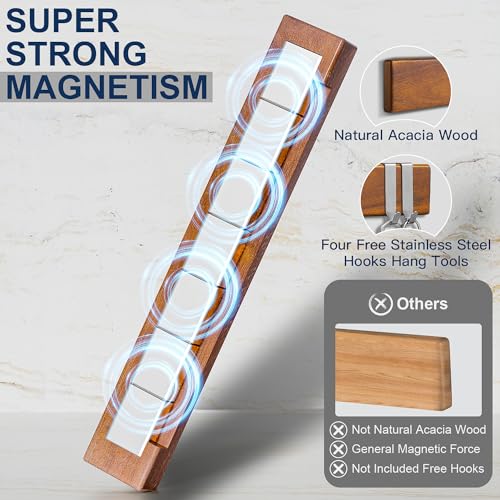 16 Inch Magnetic Knife Holder for Wall - Acacia Wood Knife Strip with Gold-Stamping Magnetic Gift Box - Powerful Knife Bar with 4 Hooks, No Drilling or Screw Mount