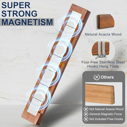 16 Inch Magnetic Knife Holder for Wall - Acacia Wood Knife Strip with Gold-Stamping Magnetic Gift Box - Powerful Knife Bar with 4 Hooks, No Drilling or Screw Mount